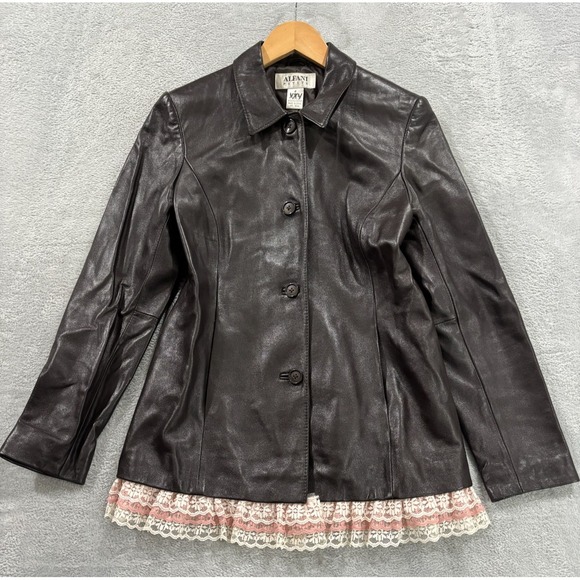 Alfani Jacket‎ Genuine Leather Womens P Petite Lace Trim Retro Brown Button Y2K - Picture 1 of 10